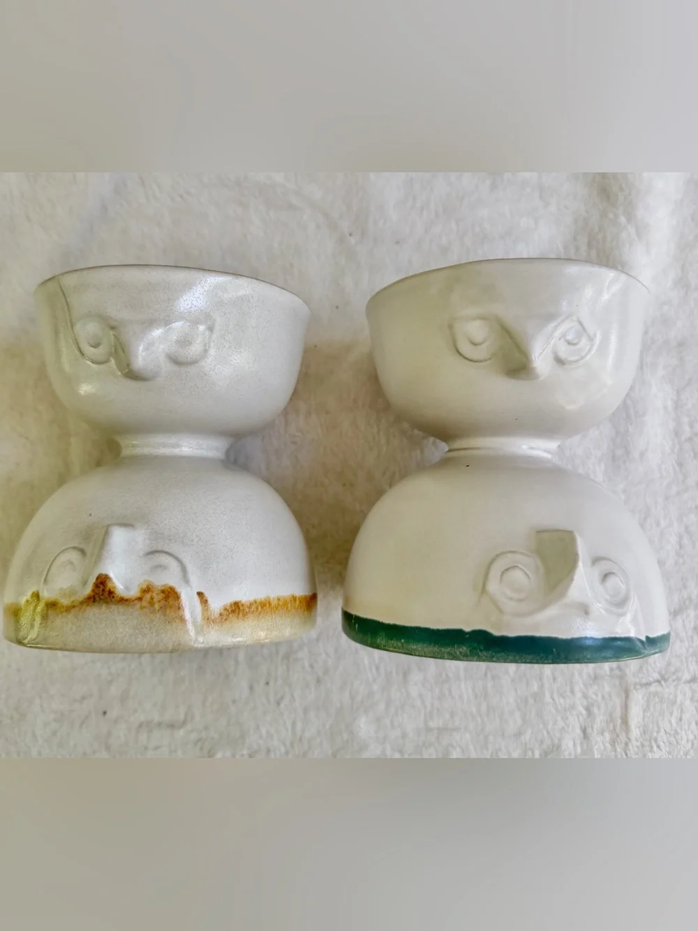 2 Vintage MCM Design Danish Ceramic Owl Faces Double Pedestal Bowls RARE